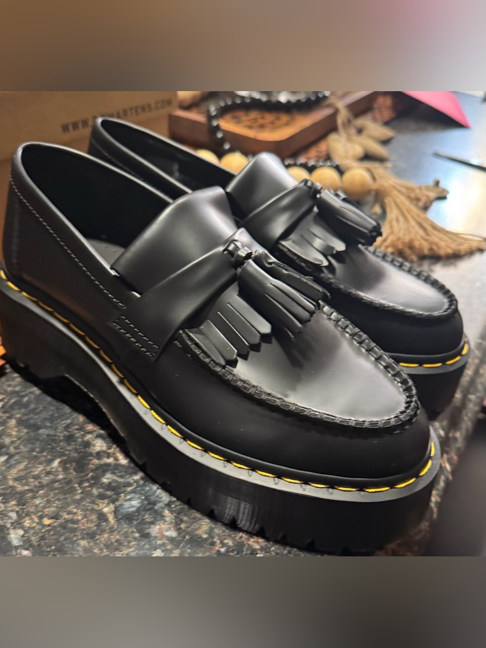Dr. Martens Black Leather Tassel Platform Loafers with Yellow Stitching - Picture 6 of 7